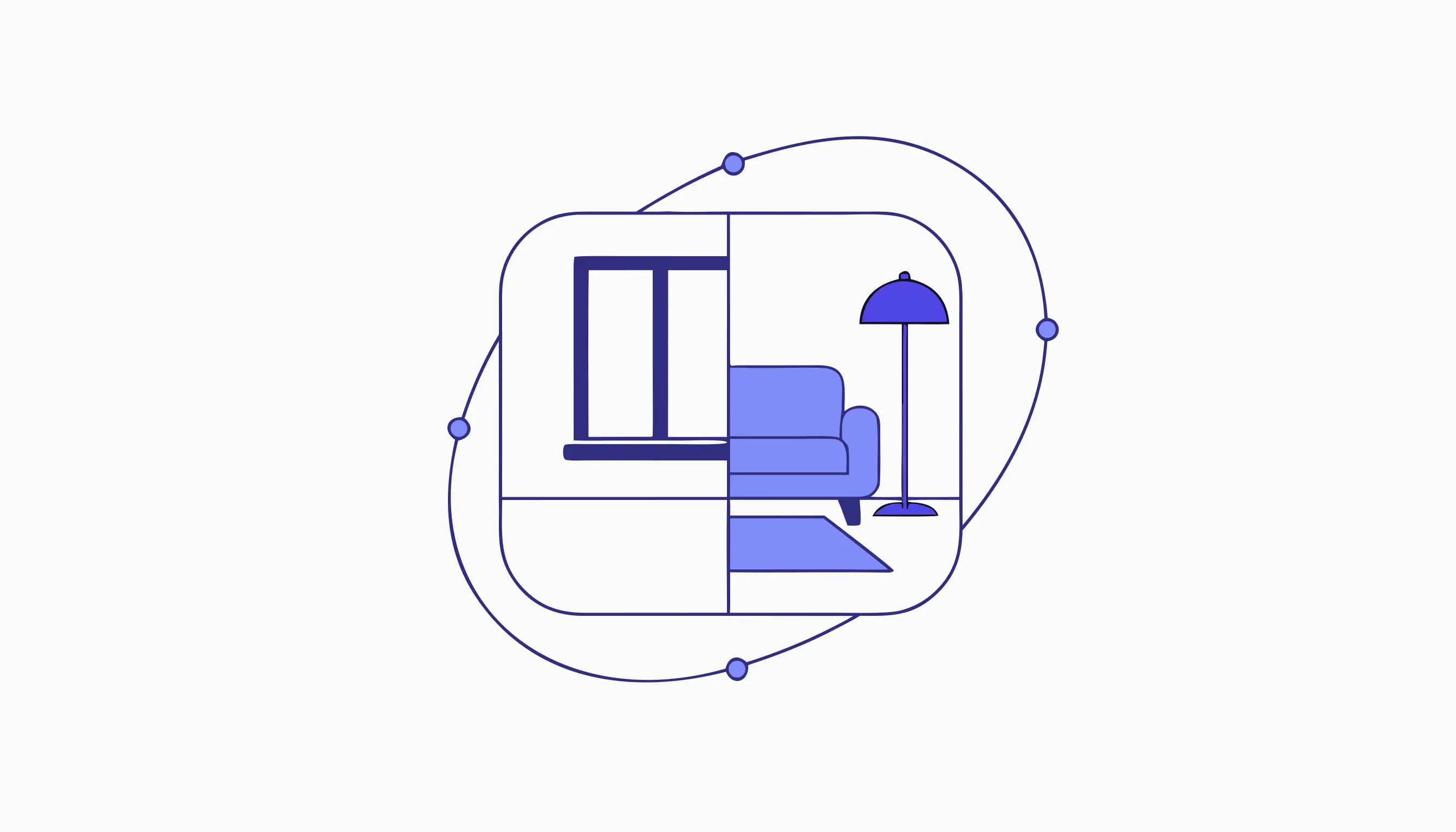 Flat illustration of a room split into a before-and-after: an empty half with a bare window and a furnished half with a sofa, rug and lamp, representing virtual staging