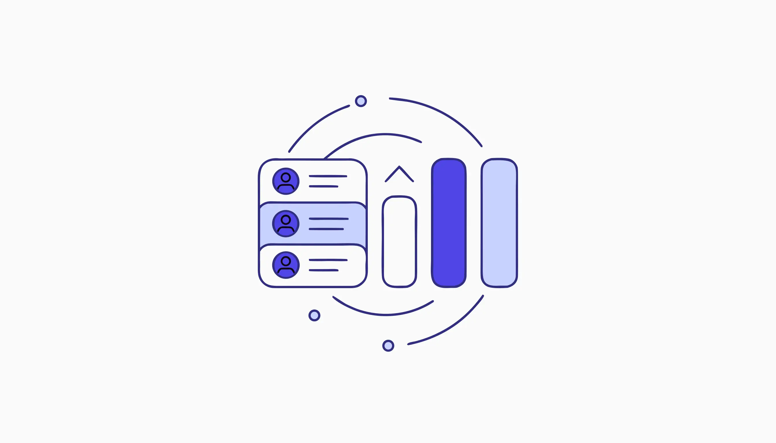 Flat illustration of a CRM dashboard with a stack of contact rows, an upward progress arrow and a rising pipeline bar chart, representing a real-estate CRM managing contacts and follow-up