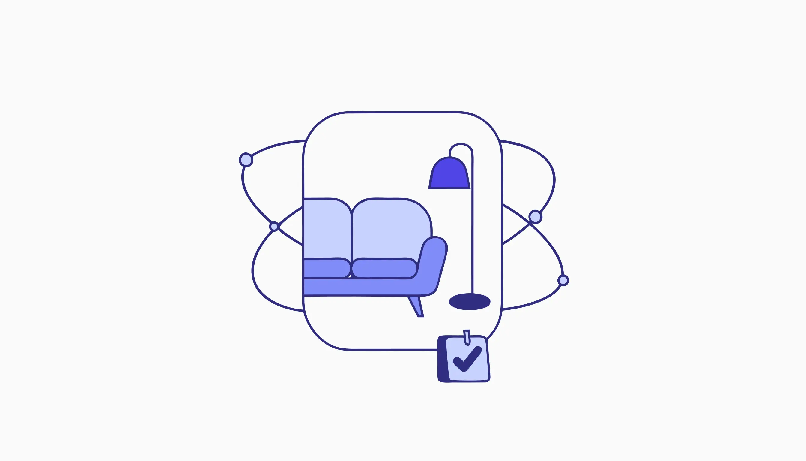 Flat illustration of a framed living-room photo with a sofa and floor lamp and a small tag showing a checkmark, representing disclosed and labelled virtual staging