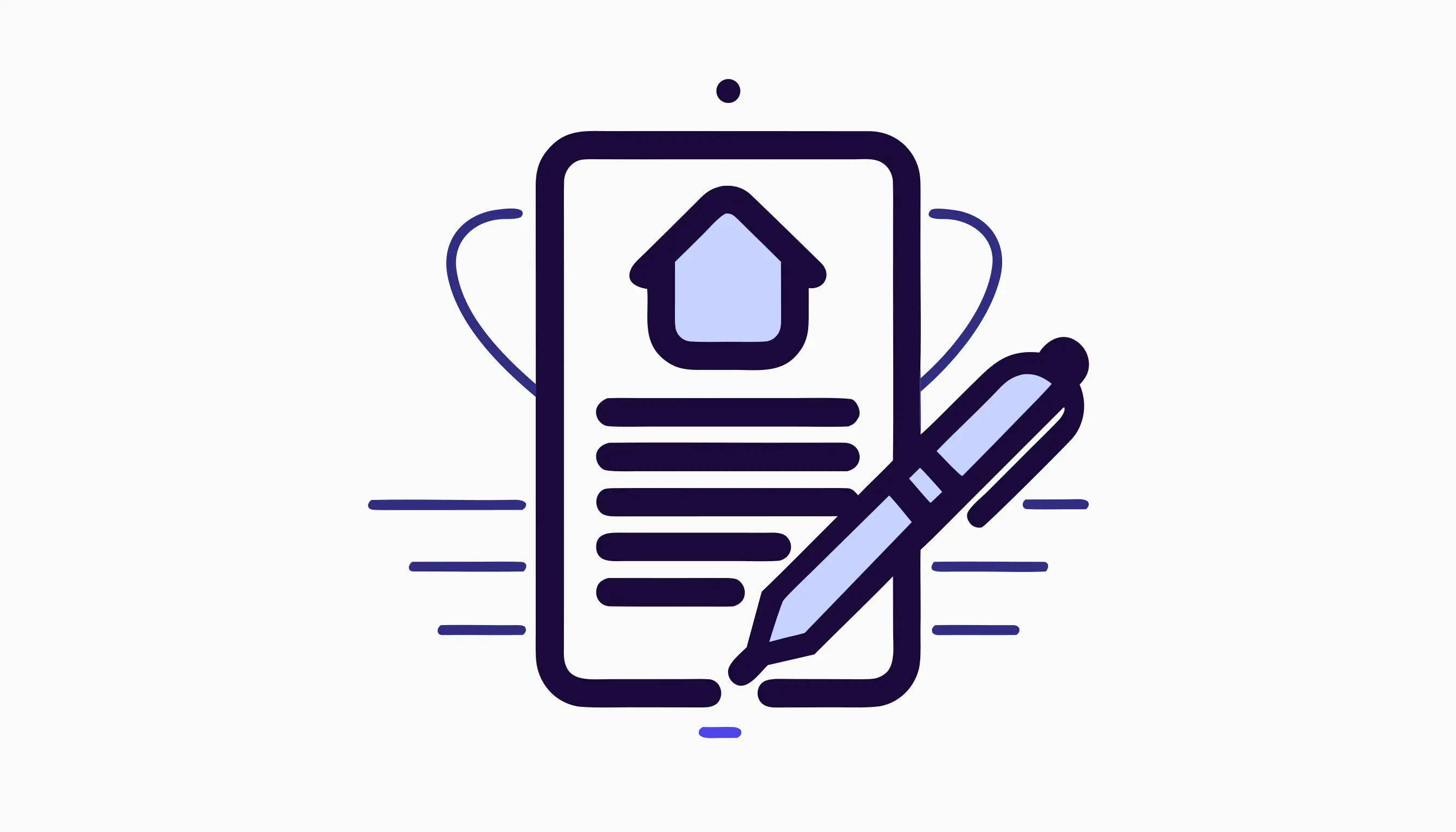 Flat illustration of a property listing document topped with a house icon, with a pen writing on it, representing writing a listing description