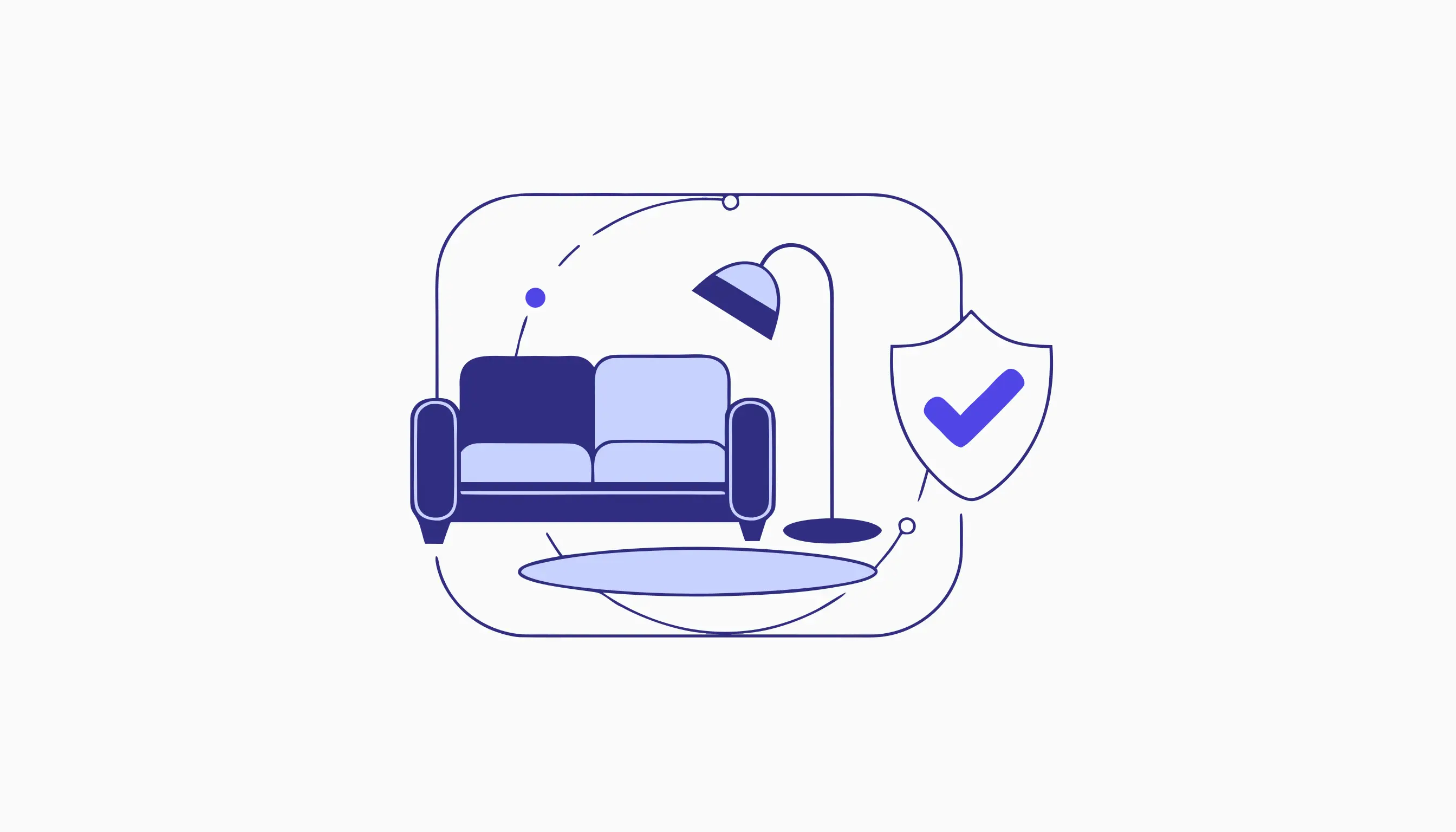 Flat illustration of a staged living room with a sofa, lamp and rug beside a shield bearing a checkmark, representing legally compliant virtual staging